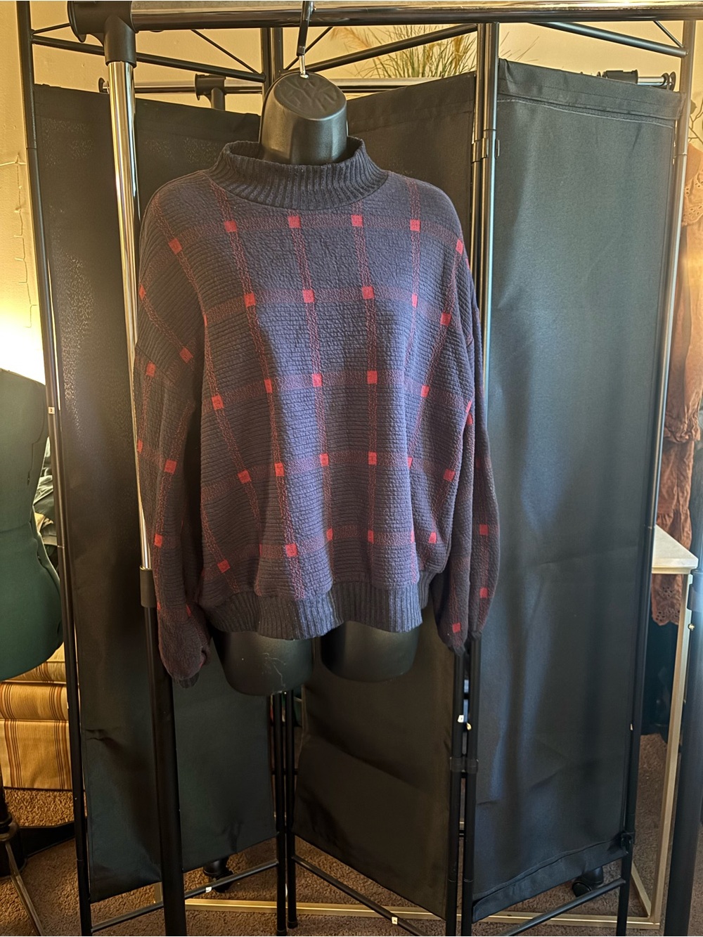 Women's Navy and Red Plaid Turtleneck Sweater